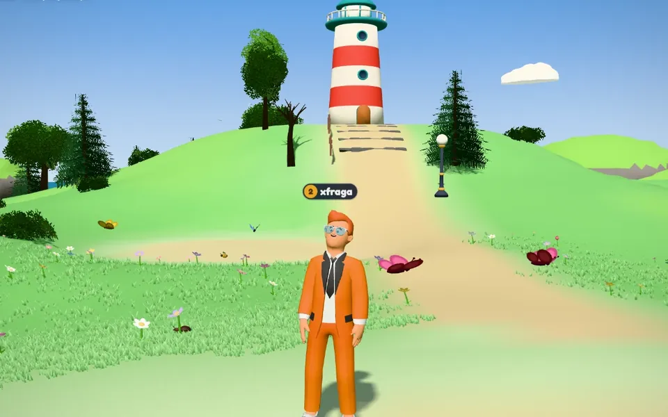 Avatar a caminhar na Ilha do Farol, com o farol ao fundo