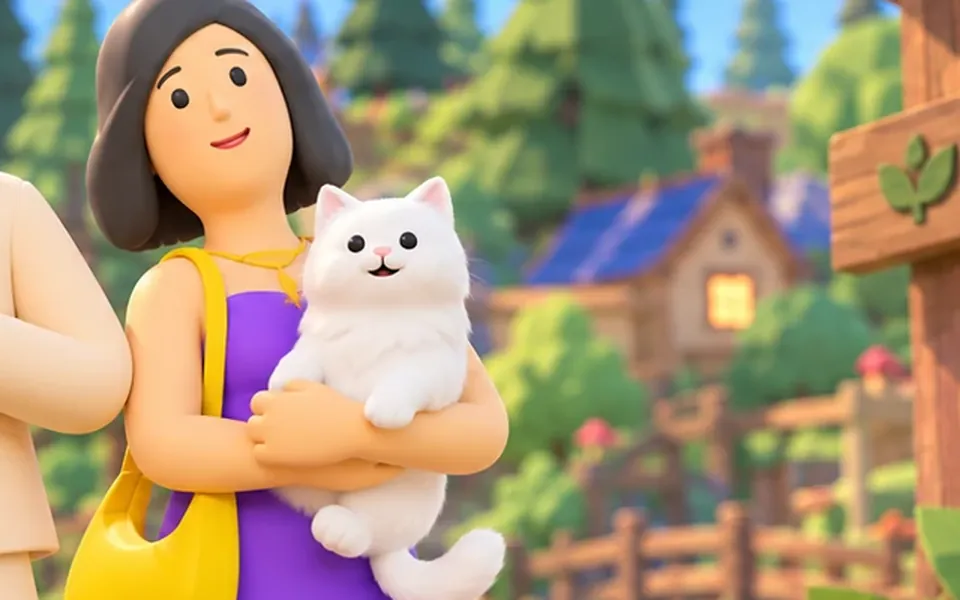 Personagem com um gato branco ao colo